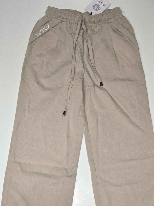 Beige Cotton Linen Wide-Leg Trousers for Girls