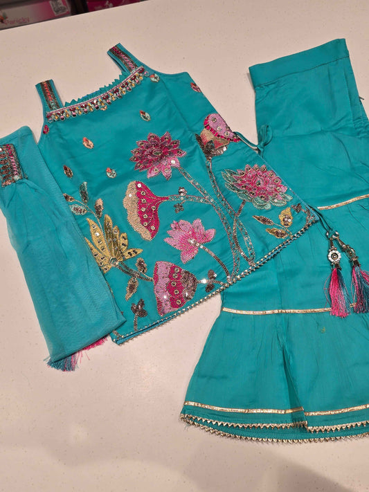 Pista Green Crepe Sharara Set for Girls with Bandhani Design