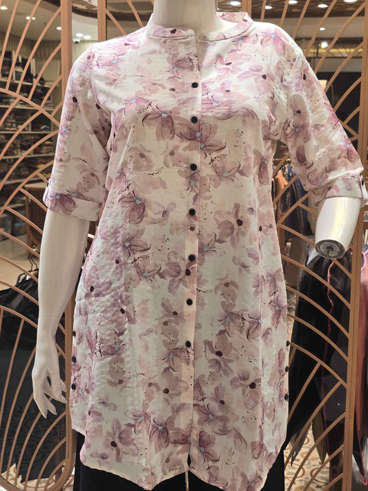 Printed Cotton material white based single kurta with i-neck