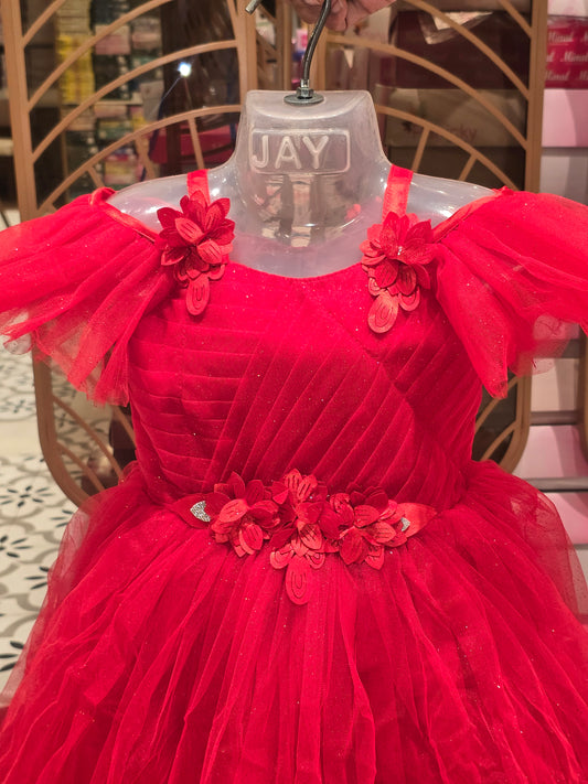 Girls Red Glitter Knitted Cool Shoulder Gown