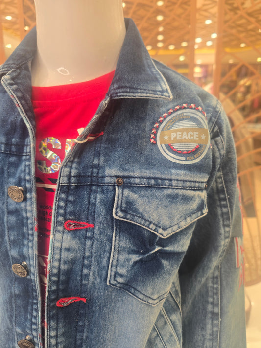 Shaded blue colored pure denim madren jacket with back stylish prints inner side red colored printed t-shirt and denim pant