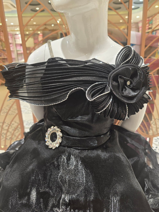 Black Organza Partywear Frock for Girls – Layered Ruffle Design with Elegant Belt