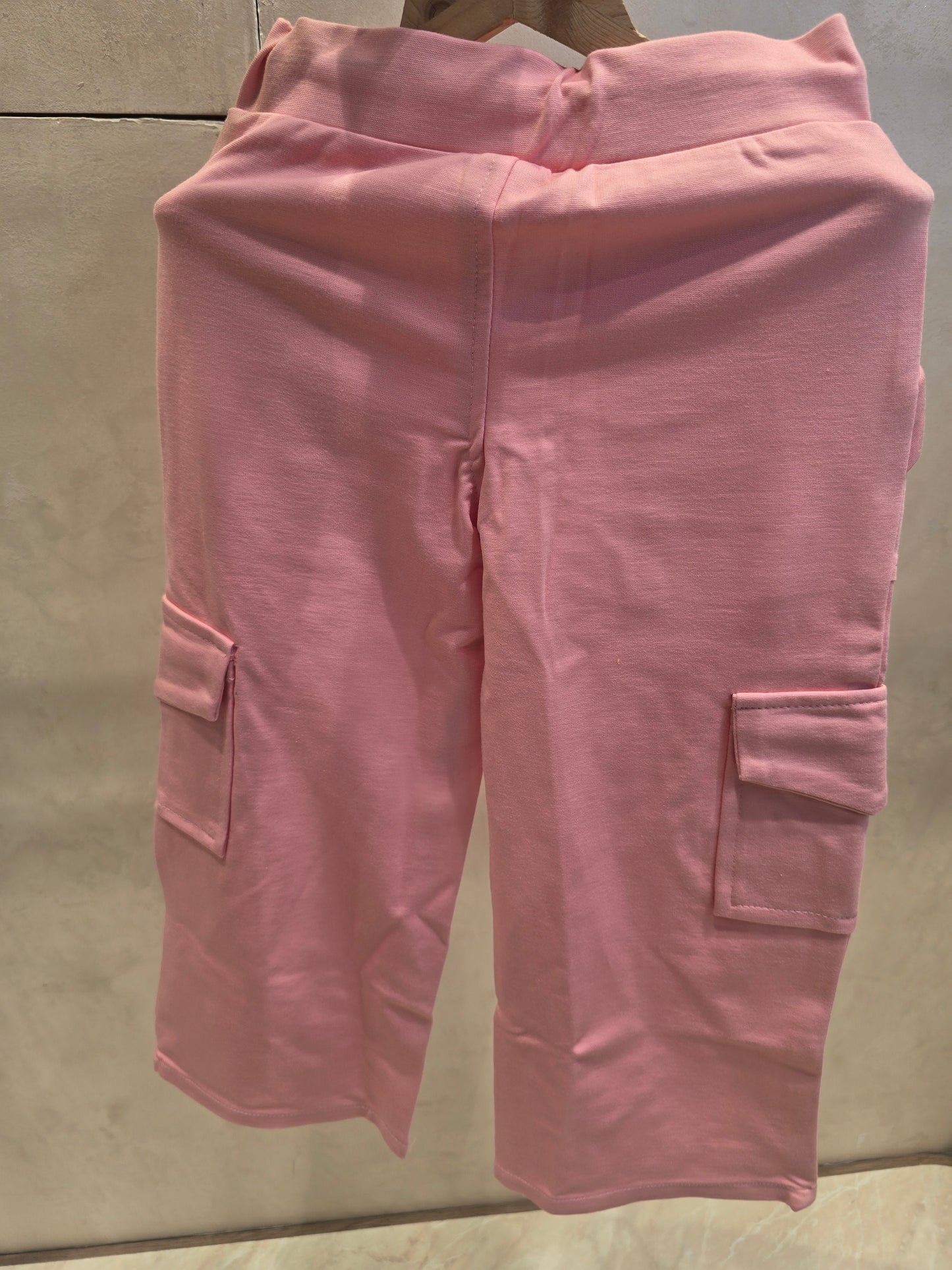 Baby Pink Cotton Cargo Pants with Smiley Logo & Six-Pocket Elastic Waist