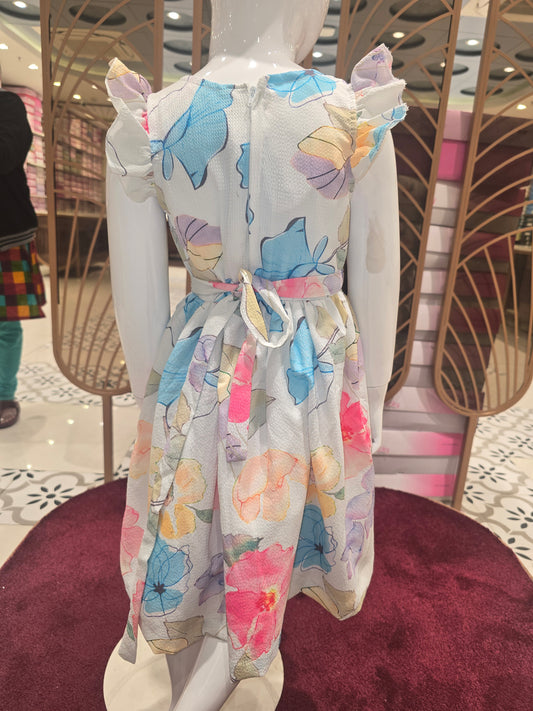 Girls White Floral Satin Short Frock with Puff Sleeves and Round Neck
