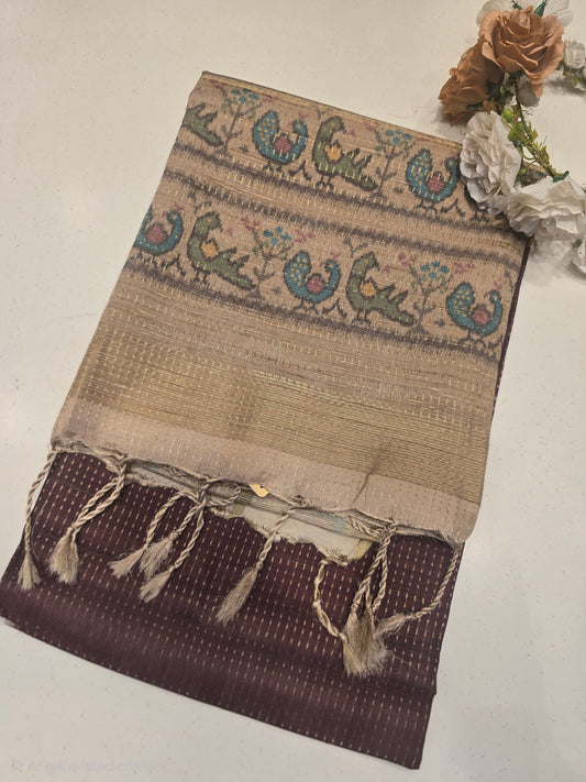 Soft Tussar Silk Saree with Jute Pallu & Fine Jari Lines | Beige Art Blouse | Lightweight Normal Wear Saree