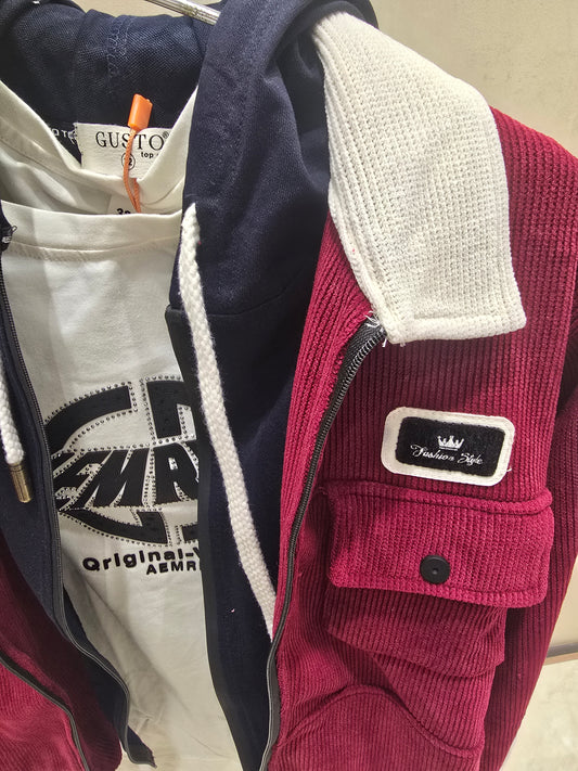 Pintex Corduroy Maroon Jacket with Detachable Cap, Cuff-Striped Full Sleeves & Dual-Zip Design Paired with Pure Cotton Printed T-Shirt (Age 8)