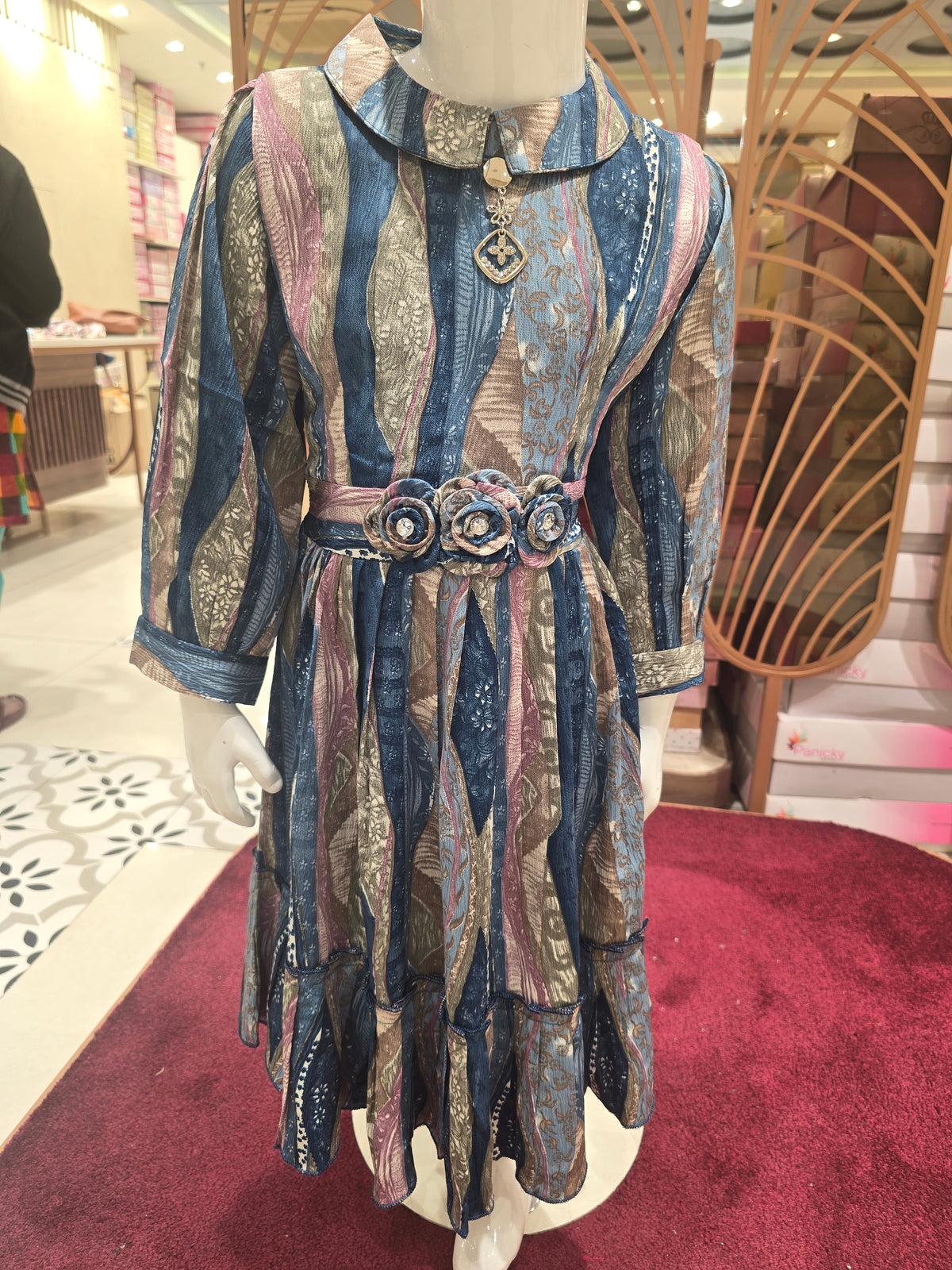 Girls Steel Blue Multi Colour Printed Crepe Short Frock with Rose Waist Detail