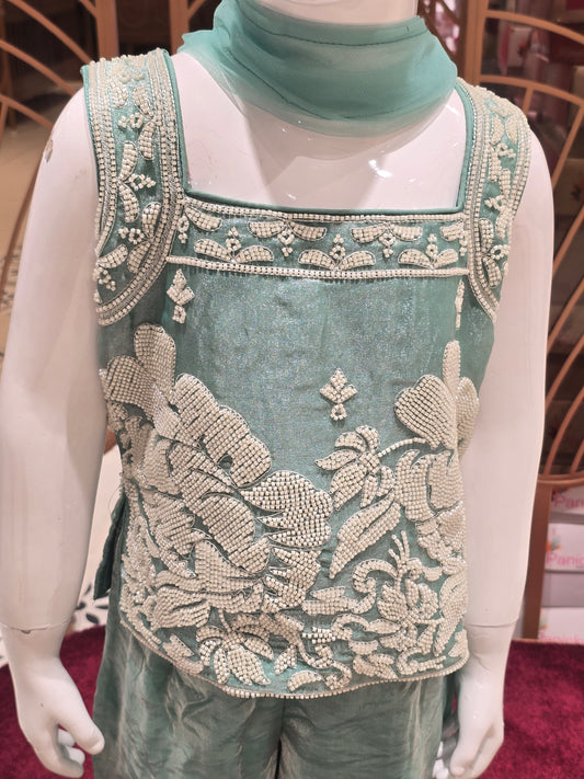 Girls Pista Organza Bead Work Sharara Set