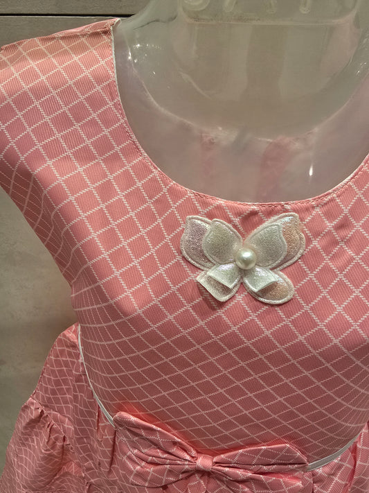 Baby Pink Cotton Checked Short Frock with Waist Bow – Sleeveless Summer Casual Wear for Girls