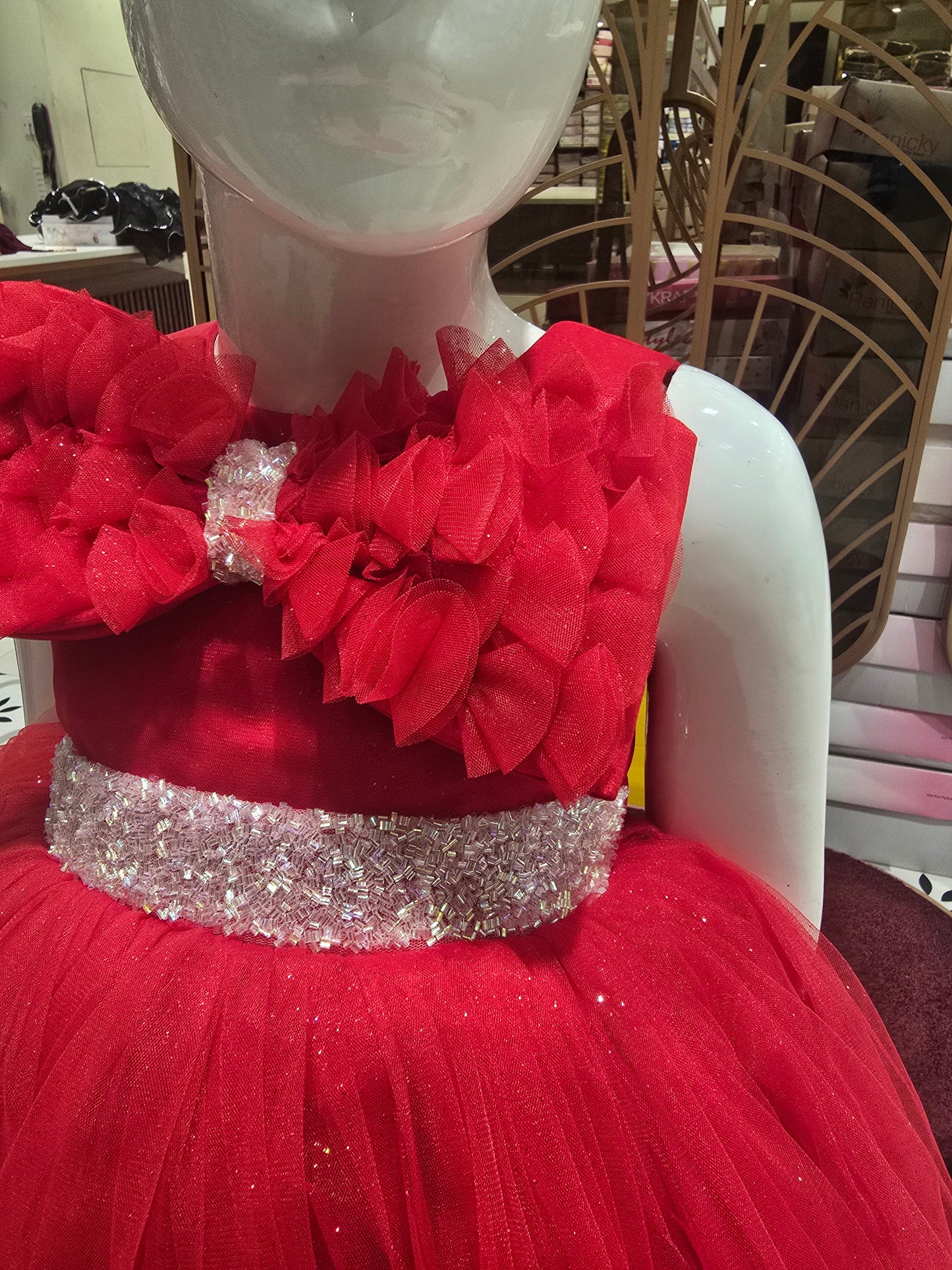 Red Glitter Netted Party Wear Short Frock for Girls – Sleeveless, 1pc, Net Fabric