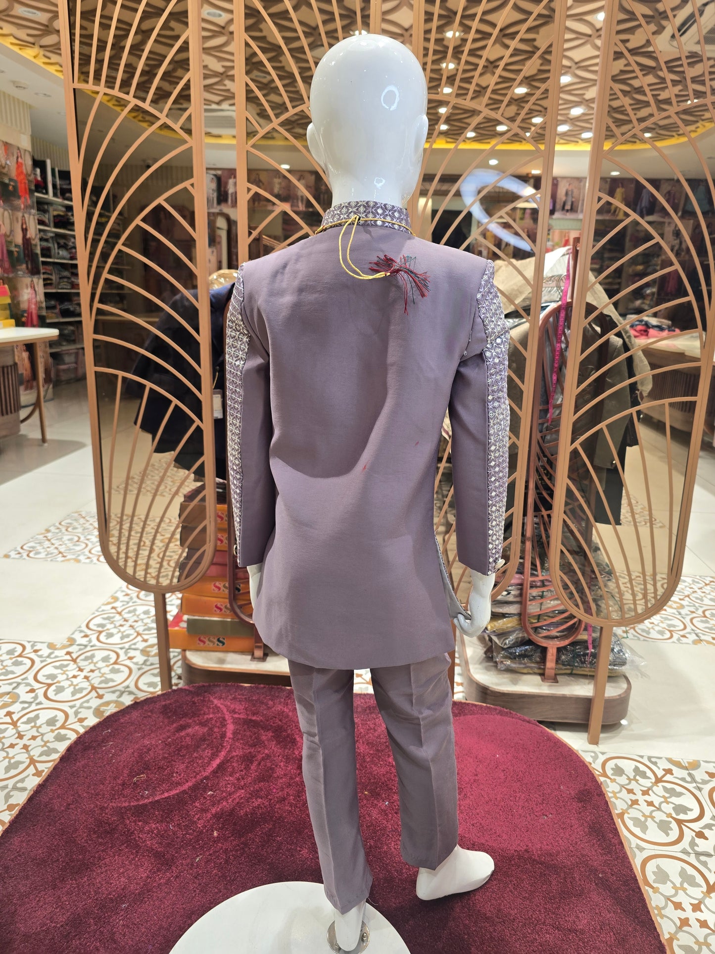 Lavender Tuton Fabric Indo Western Set with Sequin Embroidery, Traditional Buttons & Maala Accessory