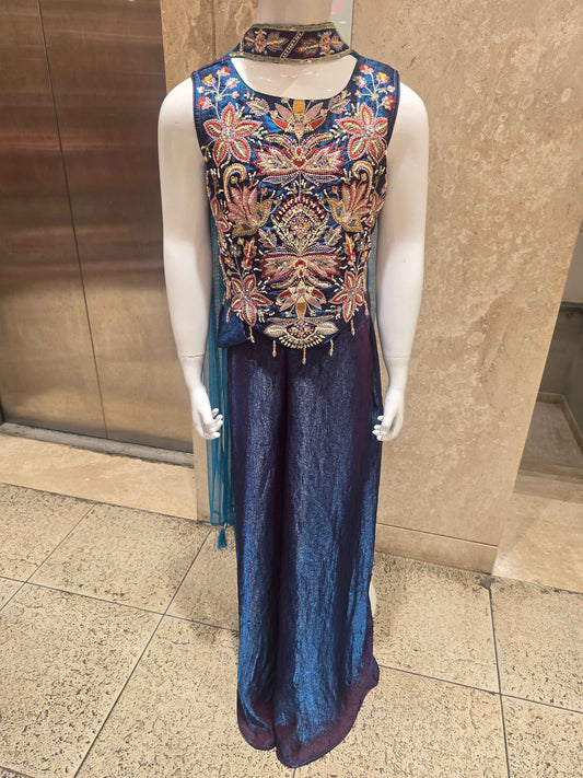 Peacock Blue Tissue Sharara Set for Girls