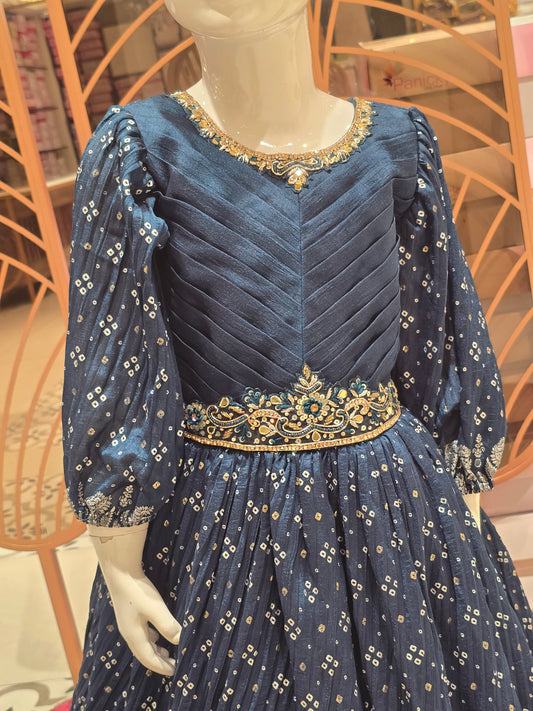 Peacock Blue Chiffon Crepe Gown for Girls