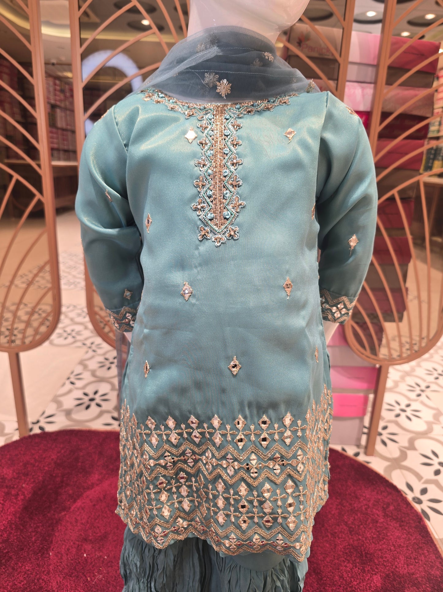 Crepe material sea green colour sharara set for girl with zari sequence work on neck & top border , ¾sleeves round neck