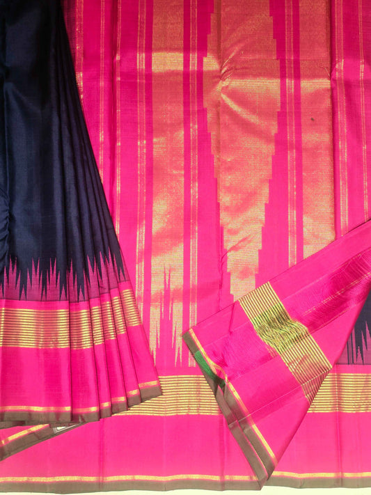 Pure Kanjivaram handloom sil saree blue with pink color and bentex border
