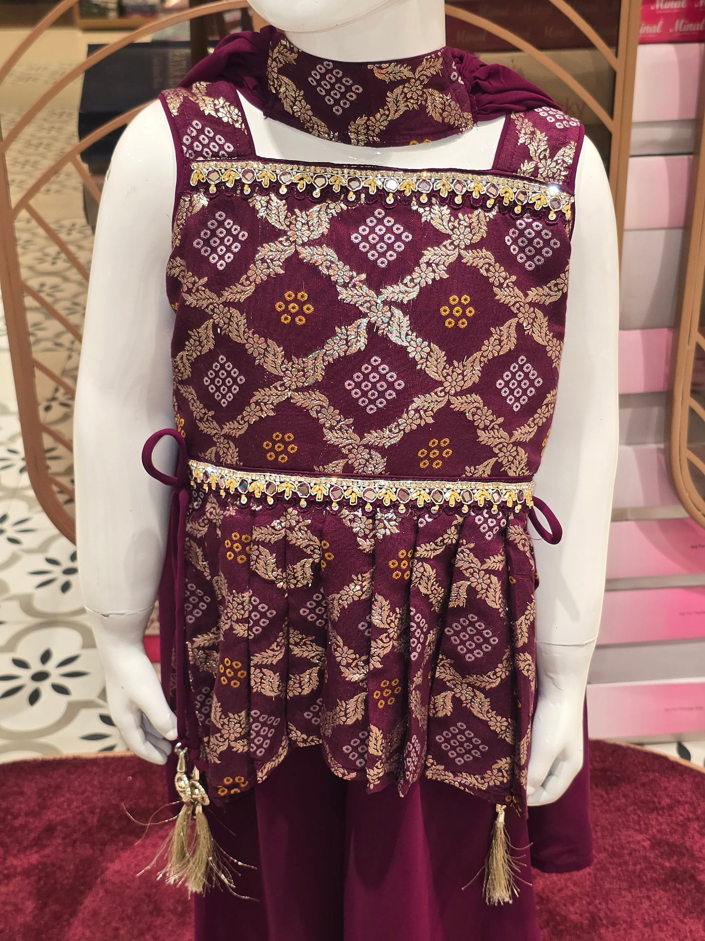 Girls Maroon Banarasi Bandhini Sharara Set