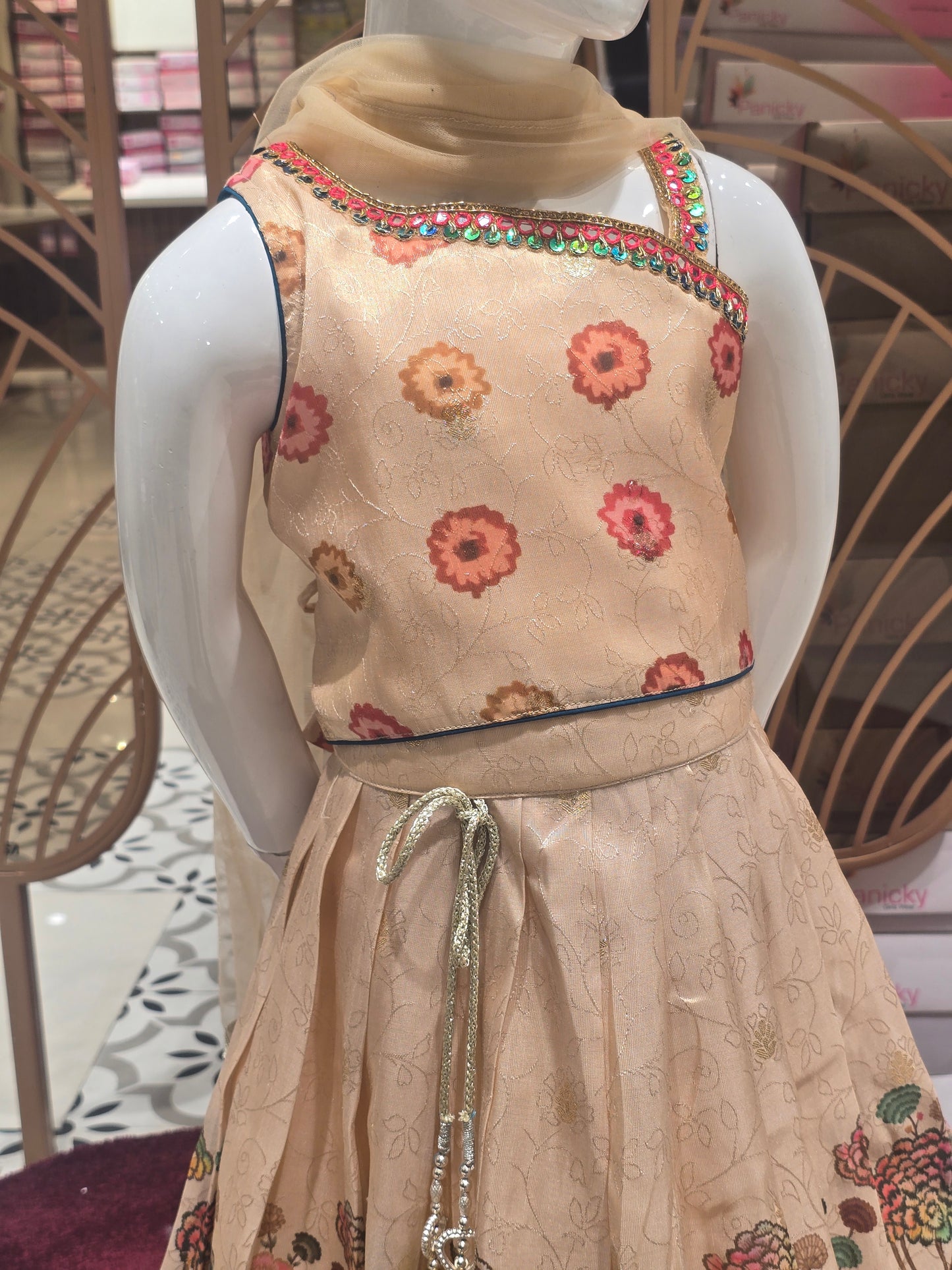 Girls Cream Tissue Silk Mirror Work Gaghra Set