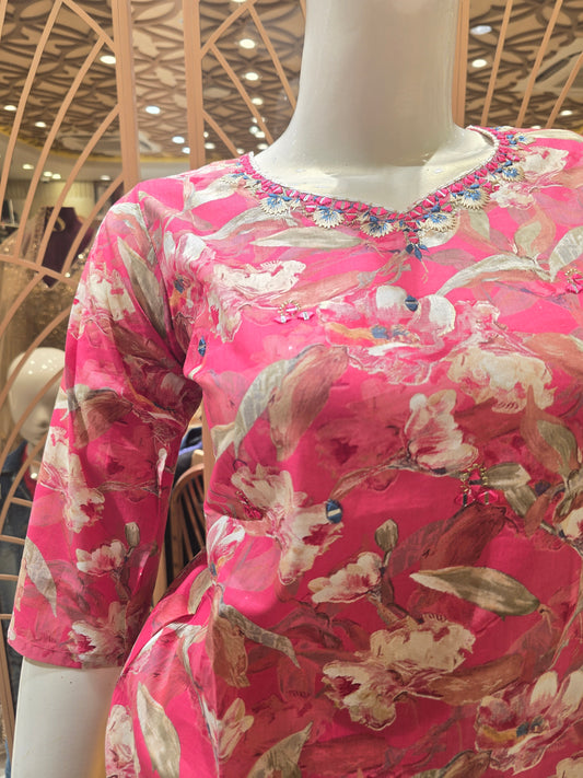 Women Peach Pink Floral Printed Cotton Top