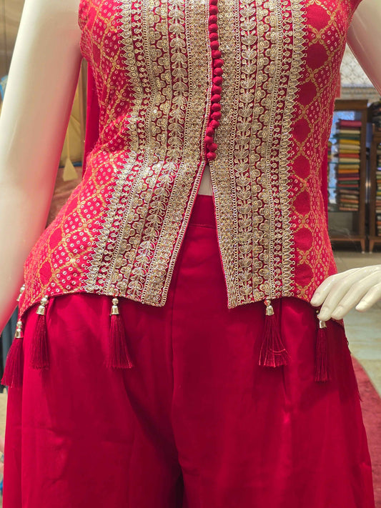 Banarasi georgette material cherry pink color indowestren set