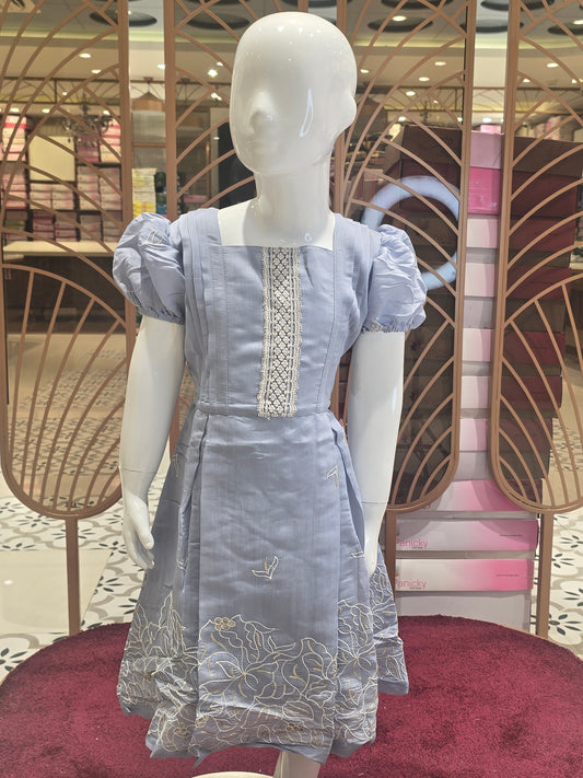 Sky Blue Soft Cotton Short Frock for Girls with White Embroidery Border and Neck Detailing