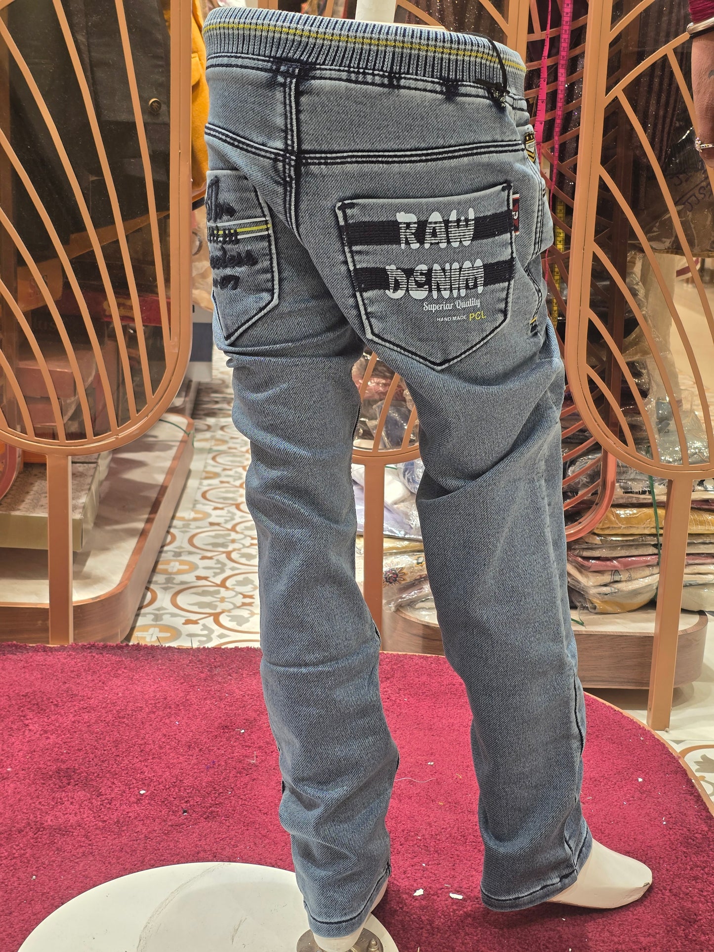 Grayish Blue Soft Denim Jeans for Boys with Left Side Rubber Print, Round Elastic Waistband and Stylish Tie Lace