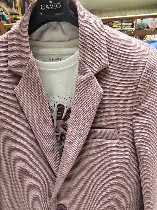Boys Popcorn Fabric Blazer Set in Onion Pink with Three Pocket Design, Two Button Styling and Printed White T-Shirt for Party and Summer Wear