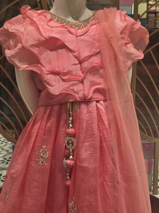 Peach Pink Organza Ethnic Wear Ghagra for Girls with Zari Butta Work, Latkan Detailing and Feather Cut Top Design