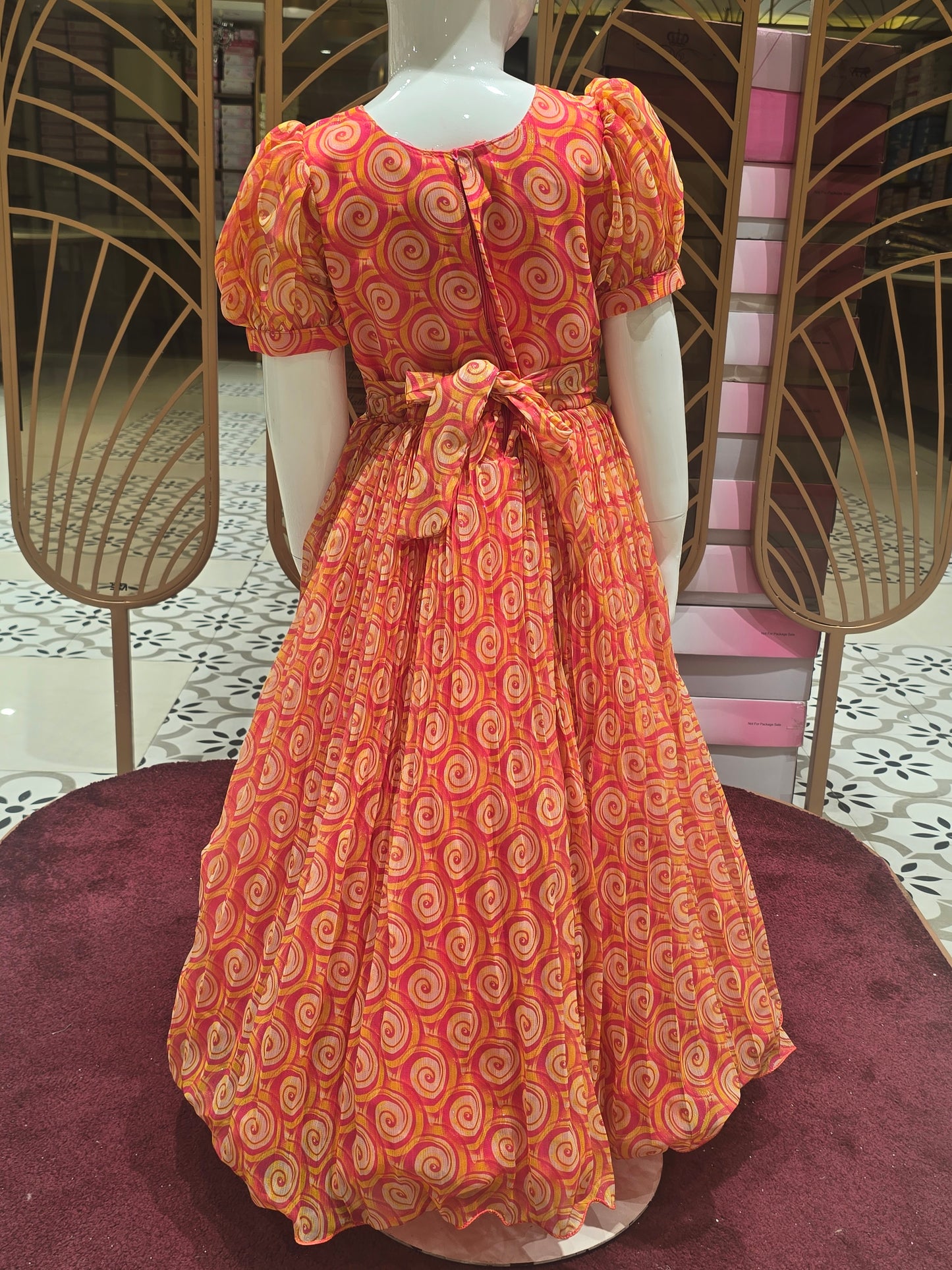 Girl Orange White Printed Chiffon Ethnic Gown