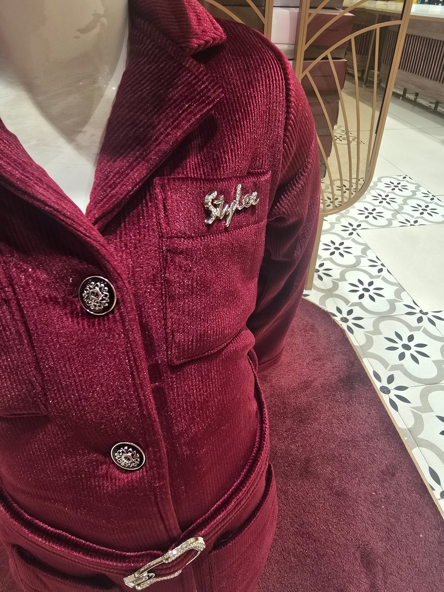 Maroon Corduroy Western Frock Set with Belt & 4 Pockets (3-Piece Set)