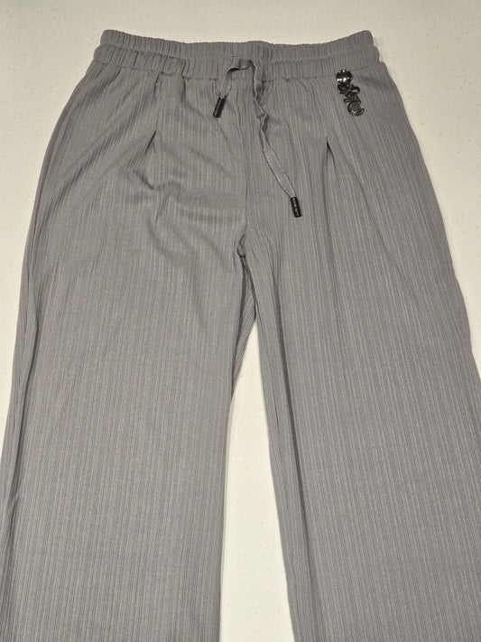 Ash Grey Cotton Plissé Wide-Leg Trousers for Girls