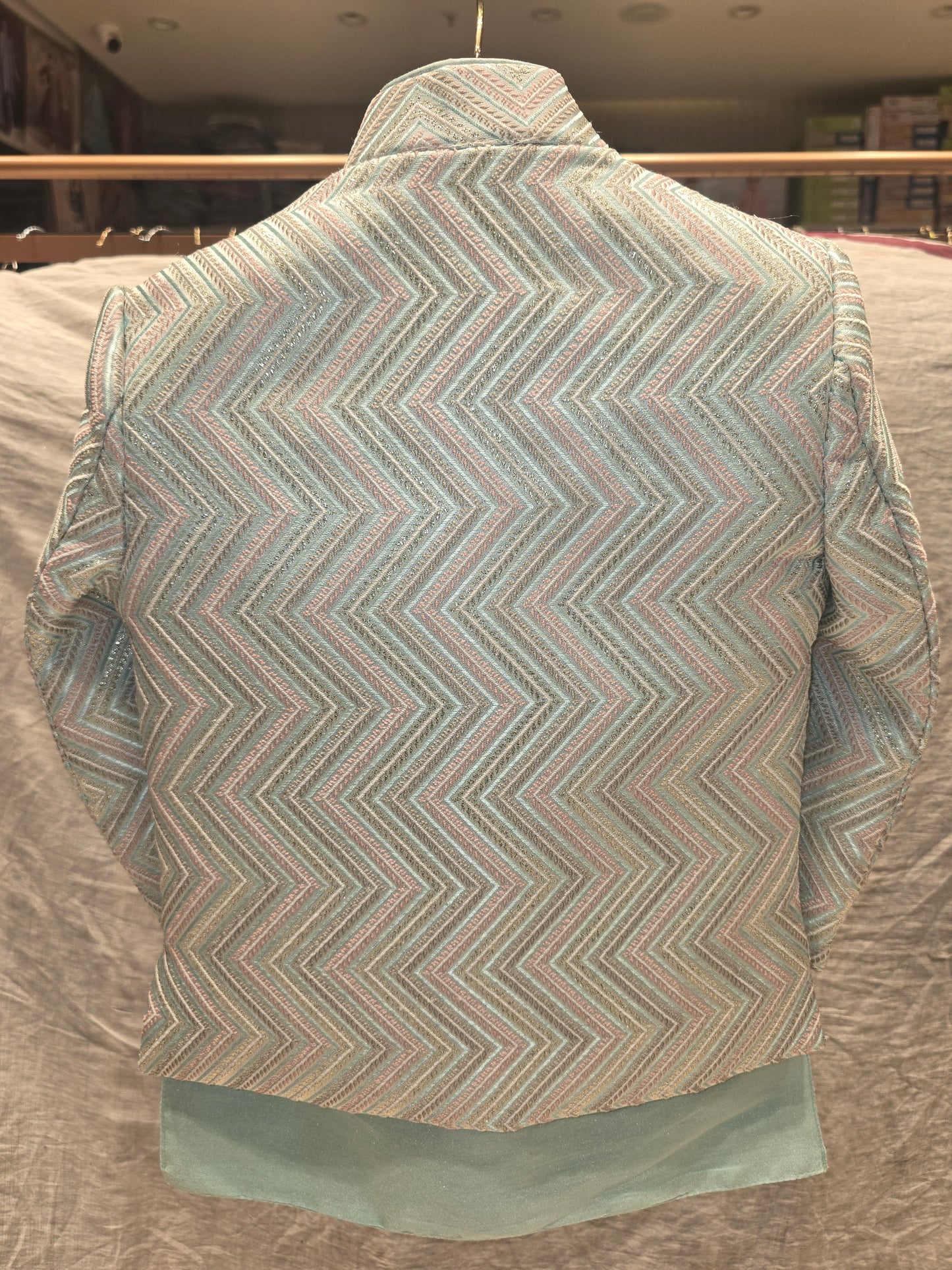 Boys Pista Green Dupion Silk Indo-Western Set with Zigzag Design and Mala