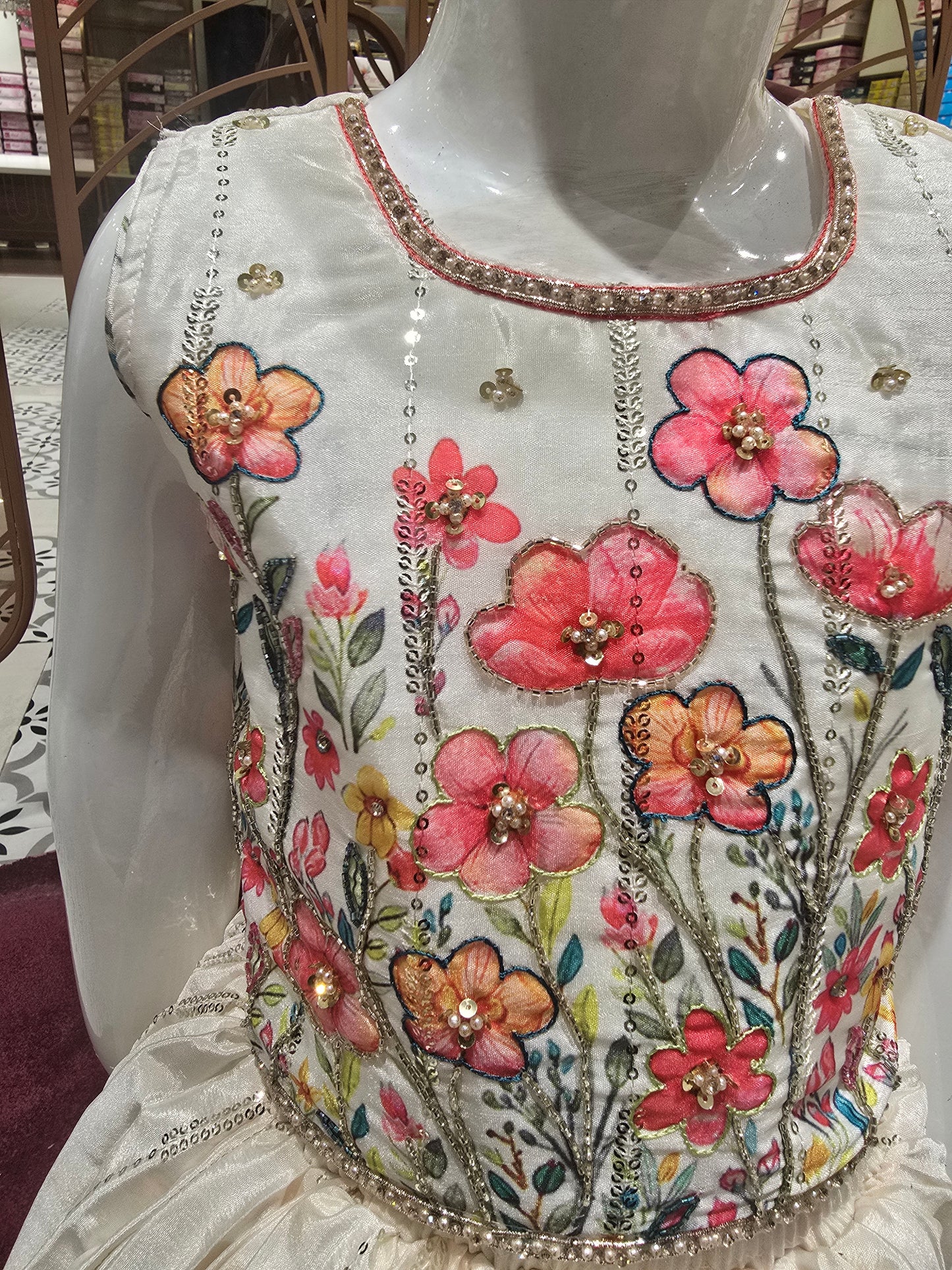 Girls Floral Sequin Printed Skirt & Top Set – Handwork Party Wear (2pcs, Sleeveless)