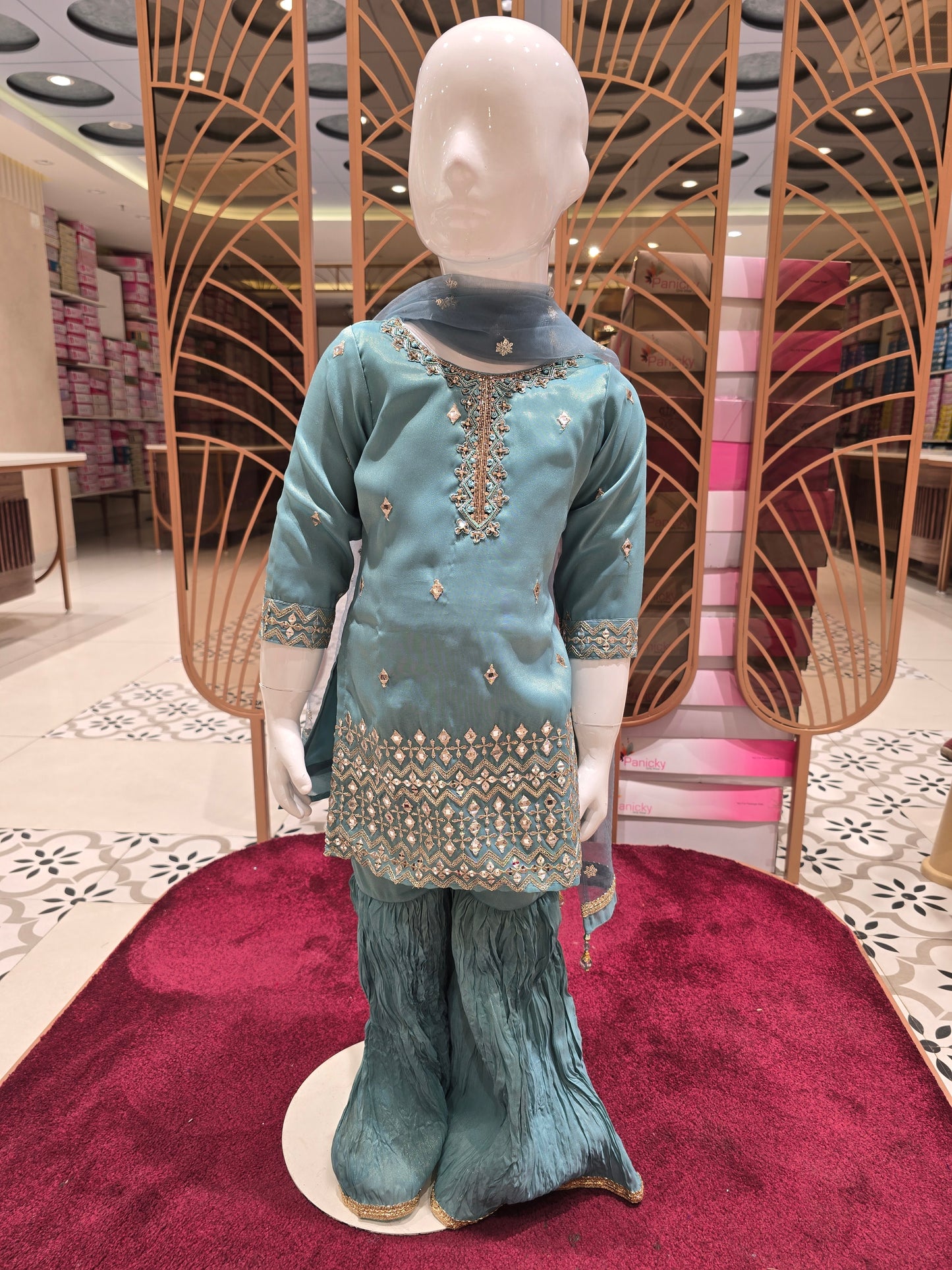 Girls Firozi Blue Tissue Sharara Set with Handworked Neck and Zari Dupatta