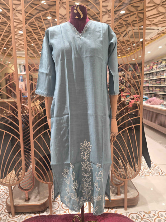 Cotton material grayish blue color kurti with floral white embroidery