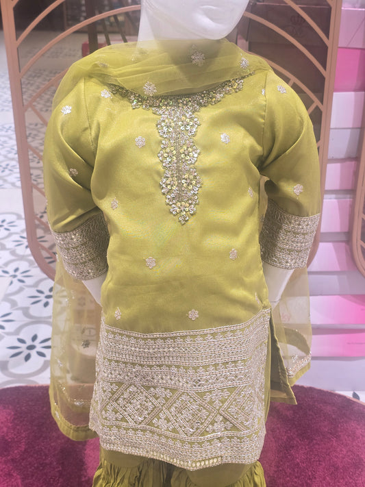 Girls Mehndi Green Tissue Sharara Set with Handworked Neck and Zari Dupatta