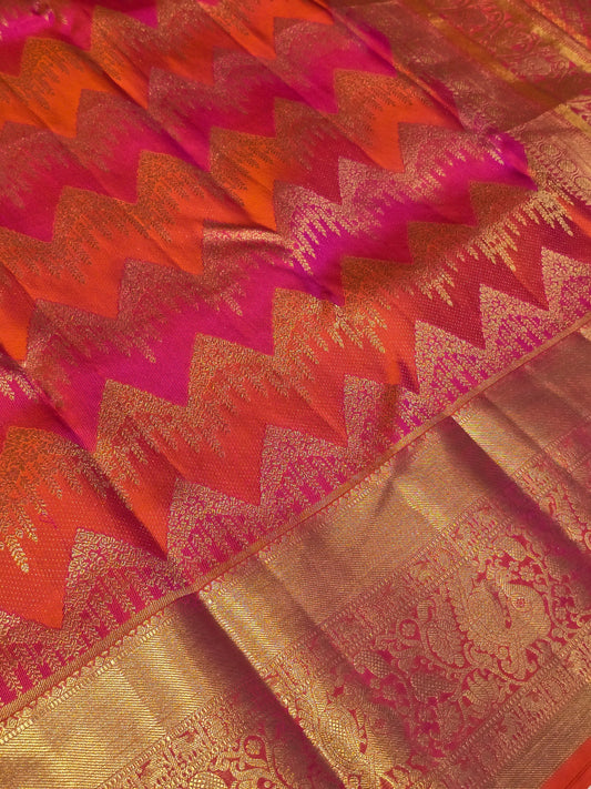 Pure Handloom Kanjivaram Broked silk with dual color fancy design across the body rich pallu and traditional border wedding wear