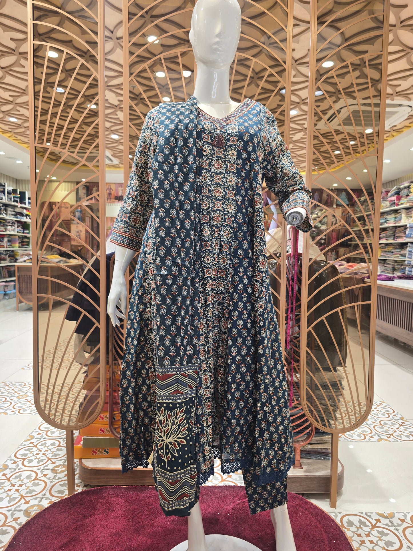 Teal Blue Cotton Anarkali Kurti Set for Women with All-Over Small Rose Print, V-Neck and Three-Quarter Sleeves