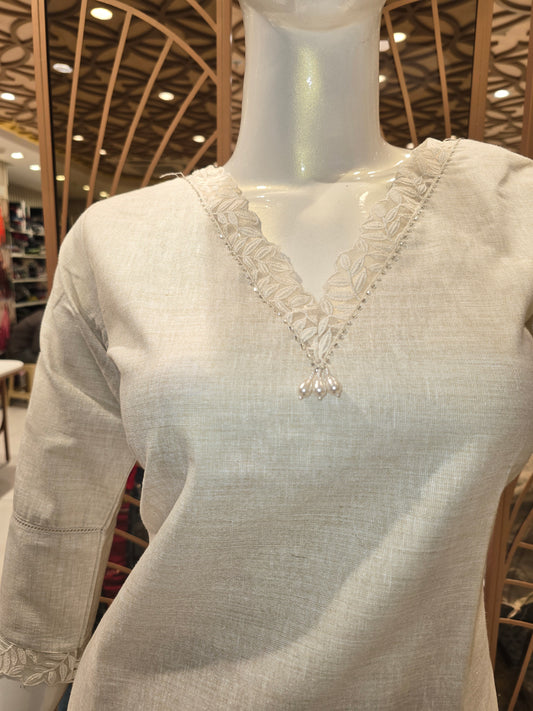 Women Ivory Cream Linen Cotton Straight Top