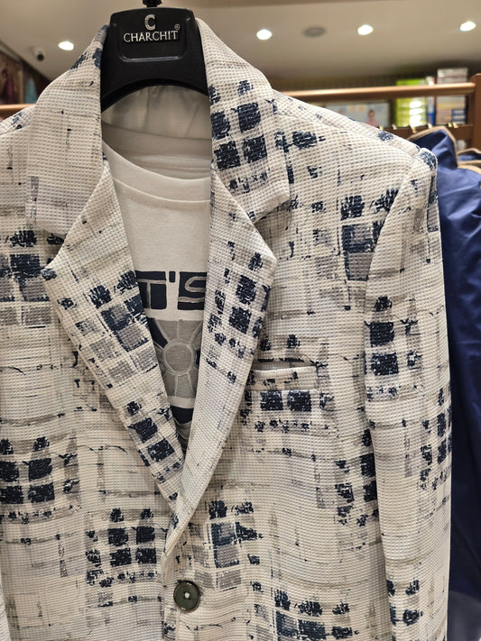 Boys Popcorn Fabric Blazer Set in White Base with Blue Printed Blazer and Printed White T-Shirt for Party and Summer Wear