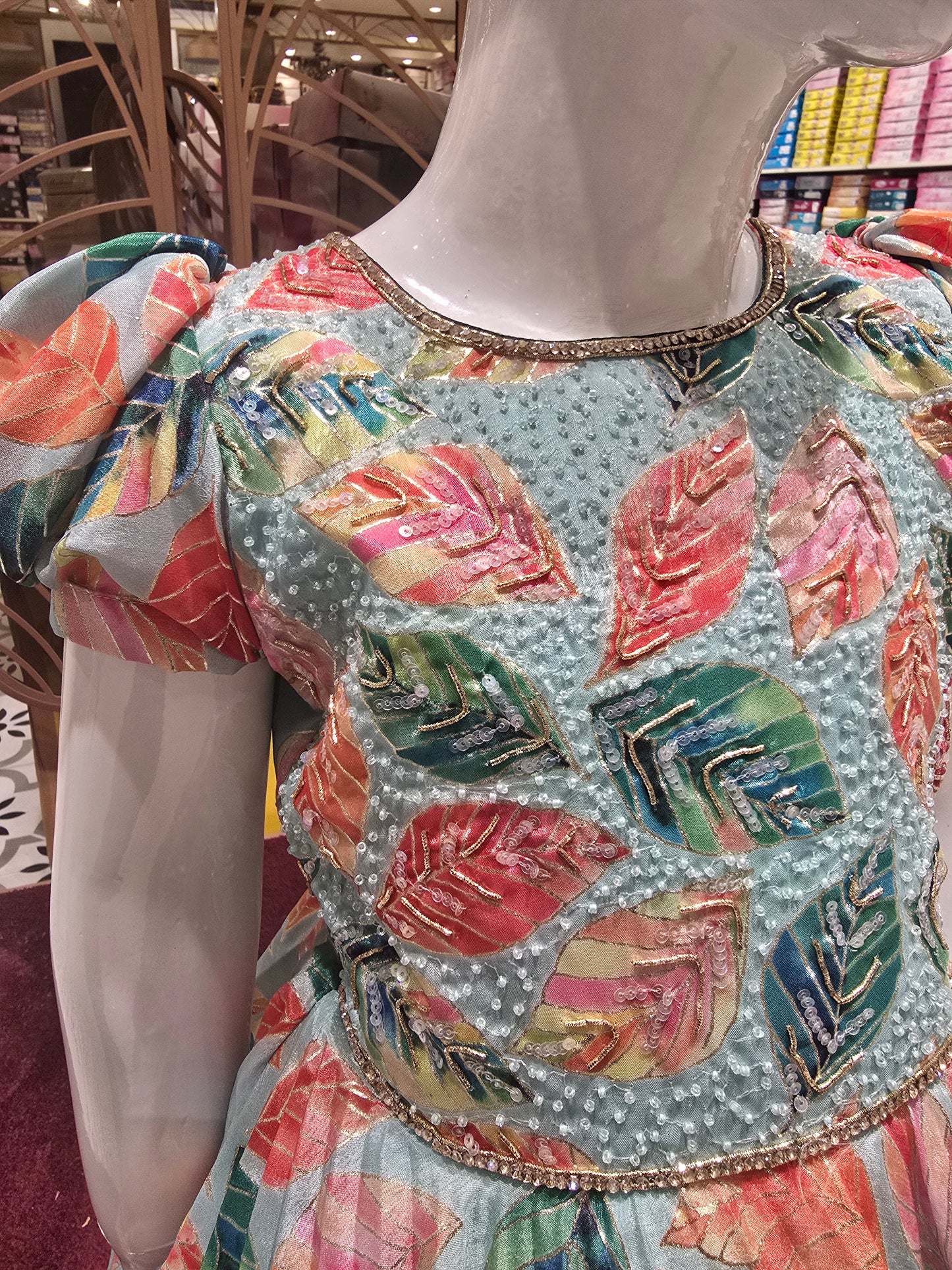 Mint Green Printed Sequin Ethnic Frock for Girls – Party & Festive Wear Set