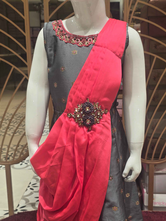 Girl Elephant Gray Satin Traditional Gown