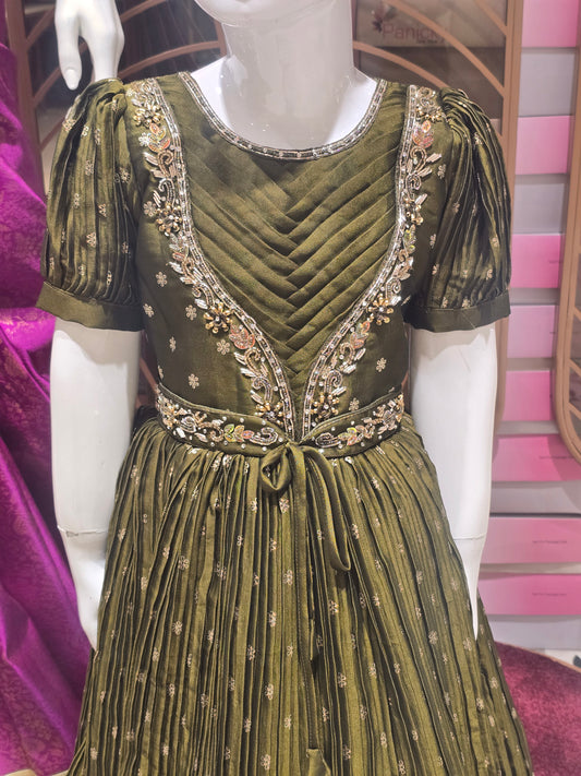 Mehendi Green Georgette Gown for Girls
