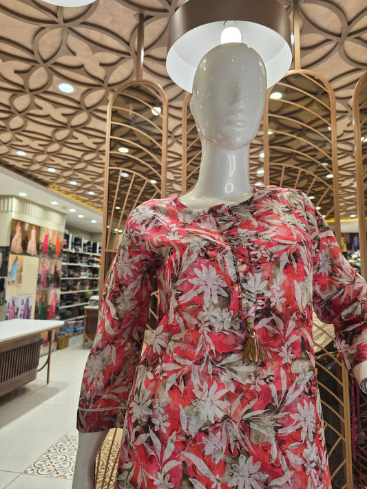 Printed Cotton Anarkali Kurti Set for Women in Peach, Mehandi Green and White with Micro Cutwork and Thread Work Detailing