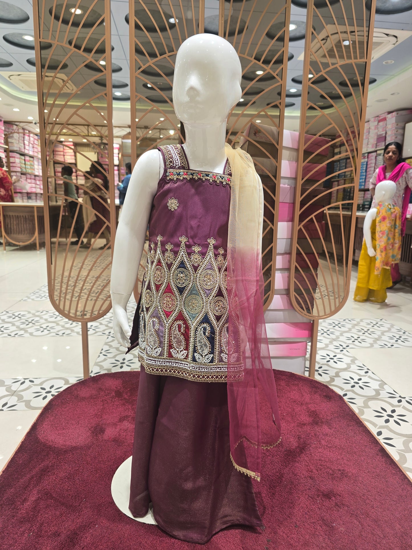 Girls Wine Dual Shade Tissue Sharara Set with Multicolour Embroidery