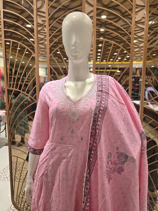 Baby Pink Cotton Anarkali Kurti Set for Women with Floral Border Print, Matching Dupatta and V-Neck Design