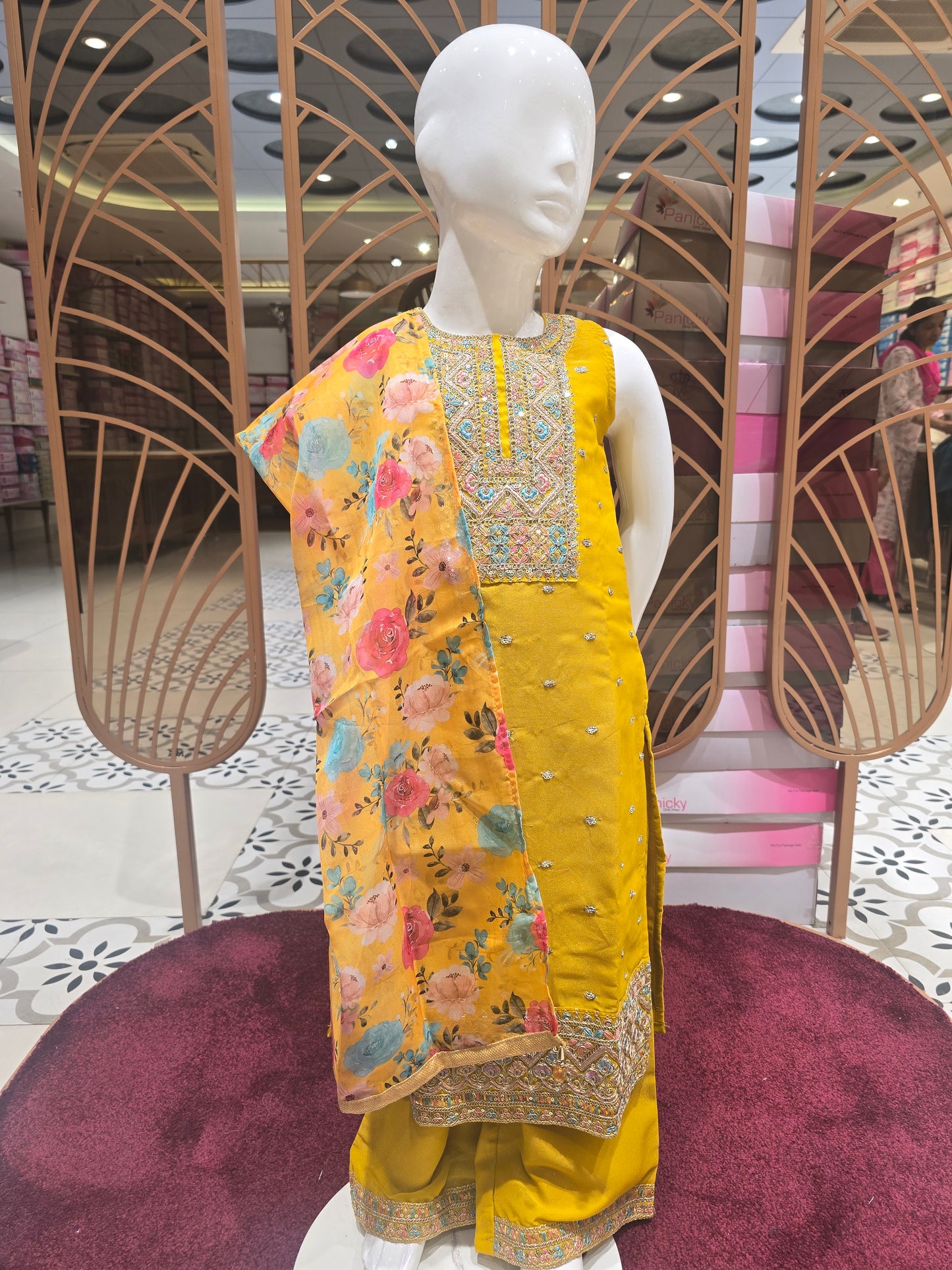 Girls Mustard Yellow Tissue Sharara Set with Embroidered Round Neck and Floral Dupatta