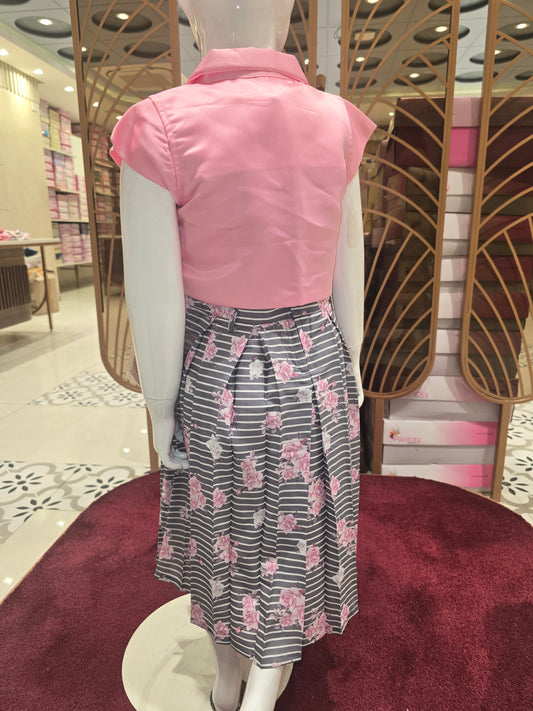 Girls Grey Floral Satin Short Frock with Striped Design and Baby Pink Detachable Jacket