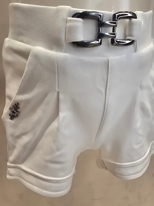 White Lycra Casual Shorts for Girls with Broad Elastic Waistband and Stylish Belt Logo for Everyday Wear