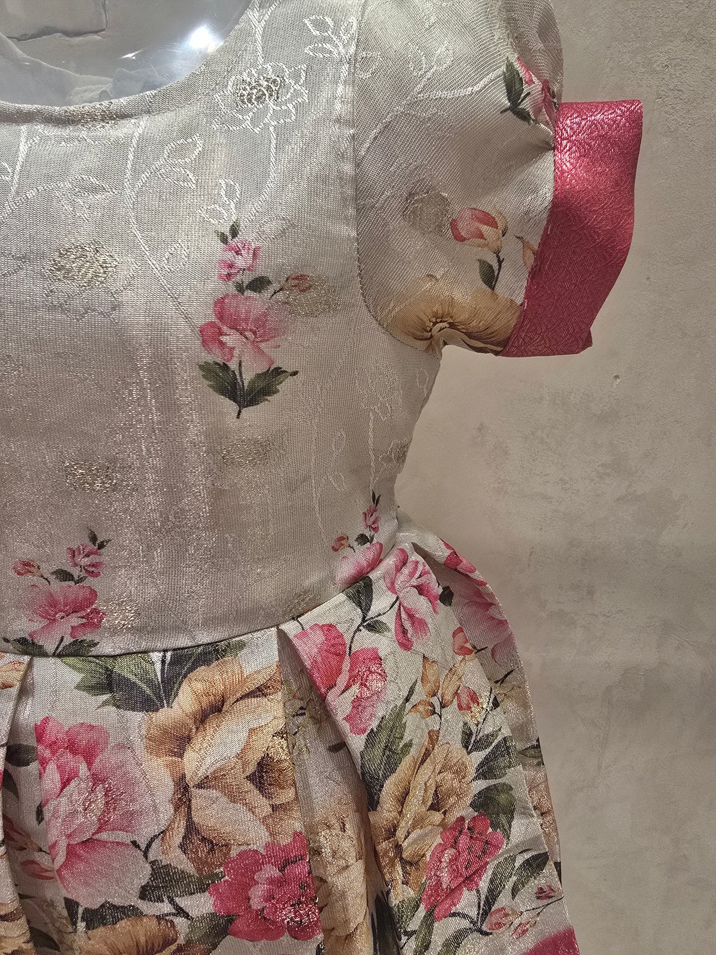 Girls Organza Floral Border Frock – White & Pink Ethnic Wear with Puff Sleeves