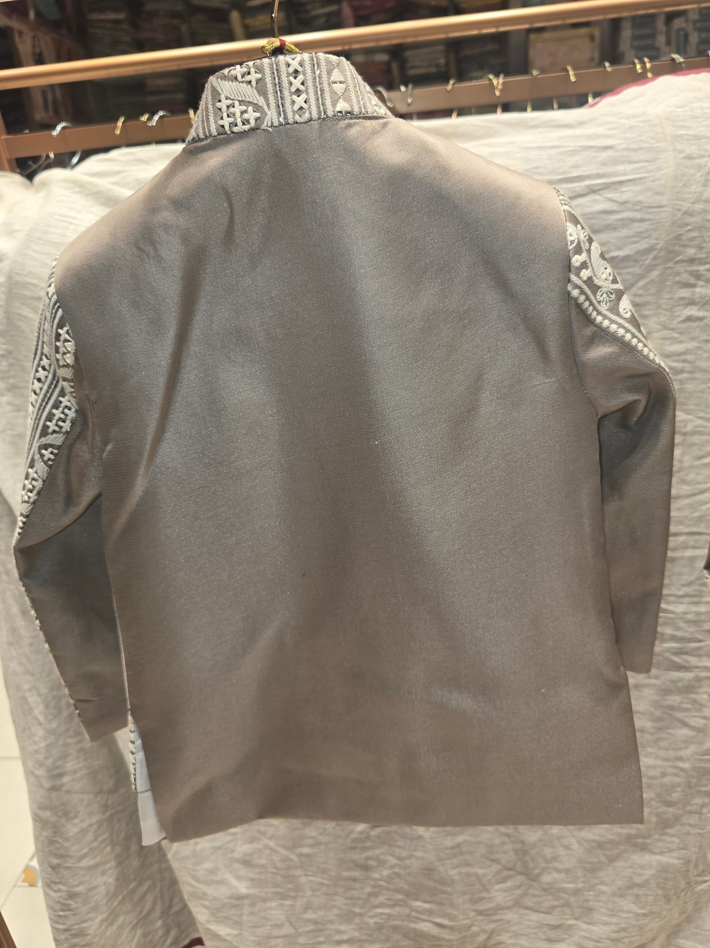 Boys Grey Dupion Silk Indo-Western Set with White Embroidered Jacket and Mala